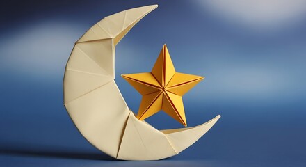 Artistic origami arrangement showcasing crescent moon and radiant star against a soft backdrop