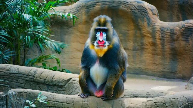 Vibrant mandrill monkey sitting thoughtfully in zoo habitat with lush greenery around