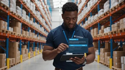 Warehouse Worker Managing Supply Chain Network - A warehouse worker uses a tablet to oversee a digital network visualization of the supply chain. - Powered by Adobe
