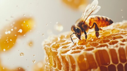 Honey Bee on Honeycomb with Golden Honey Dripping – Beekeeping, Pollination, and Nature Macro Photography