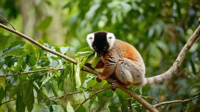 Lemur eating leaves in lush forest setting, exotic wildlife behavior in natural habitat