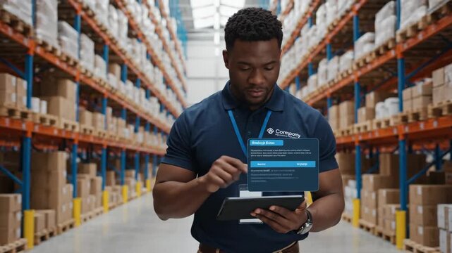 Warehouse Worker Managing Supply Chain Network - A warehouse worker uses a tablet to oversee a digital network visualization of the supply chain. - Powered by Adobe