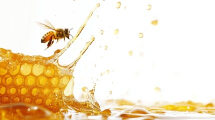 Honey Bee on Honeycomb with Golden Honey Dripping – Beekeeping, Pollination, and Nature Macro Photography