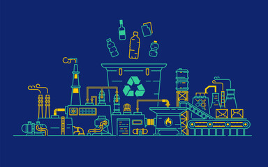 concept of zero waste or sustainable business, lined graphic of plastic bottles and garbage bin combined with recycle factory