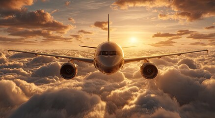 Jetliner soaring above clouds at sunset