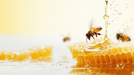 Honey Bee on Honeycomb with Golden Honey Dripping – Beekeeping, Pollination, and Nature Macro Photography