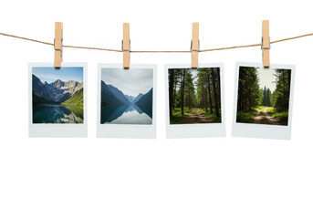 Four photographs hanging on a clothesline with clothespins isolated on transparent background