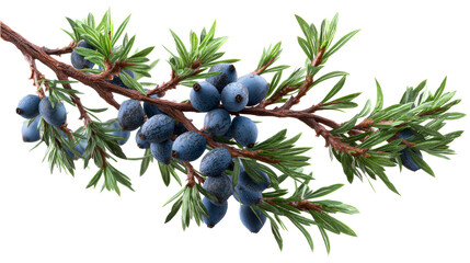 Cluster of ripe blue juniper berries with green needles on a branch, cut out transparent