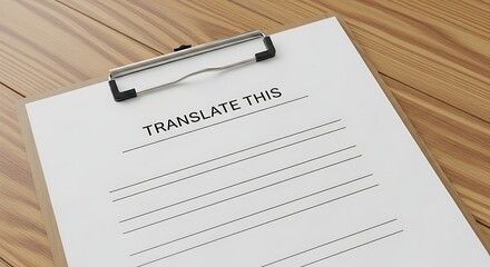 Conceptual clipboard illustrating translation tasks on wood background conveying language services