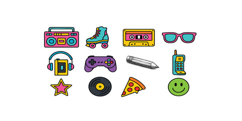 Print  90s 80s 70s Nostalgia. Retro Gadgets, Pop Culture Icons, Bright Colors, vector elements set