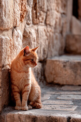 A ginger cat sits quietly against a textured stone wall, bathed in soft sunlight, exuding a serene charm in its tranquil outdoor setting.