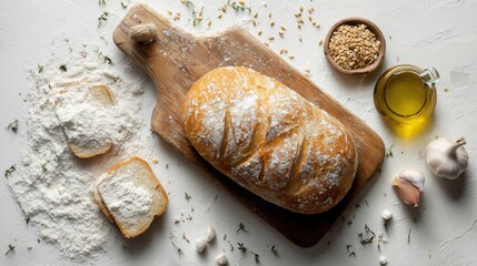 Naklejka premium Top View Artisan Bread Loaf on Wooden Board – Flour, Grains, Garlic, and Olive Oil on White Background