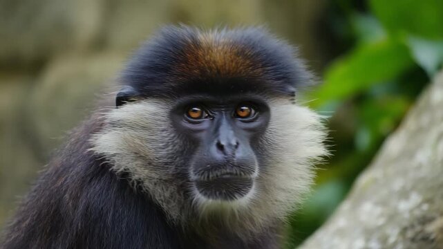 Intense gaze of a striking purple-faced langur monkey in its natural jungle habitat