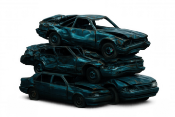Wrecked blue vehicles vertically stacked, displaying automotive damage against transparent backdrop, symbolizing vehicle destruction