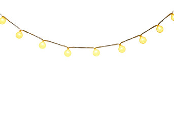 String of yellow fairy lights glowing, isolated on transparent background