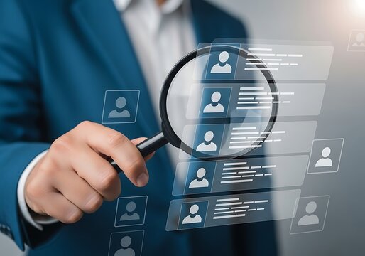 Human resources management showing job search process with magnifying glass over digital profiles and candidate selection process