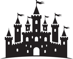 Obraz premium Majestic black castle silhouette with flags flying high