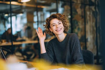 Attractive woman at a table in a co working space smiling and waving