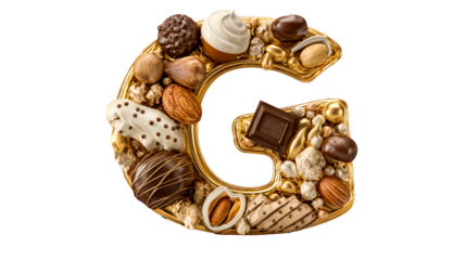 G Letter Shaped Golden Frame Filled With Assorted Chocolates and Nuts, cut out transparent