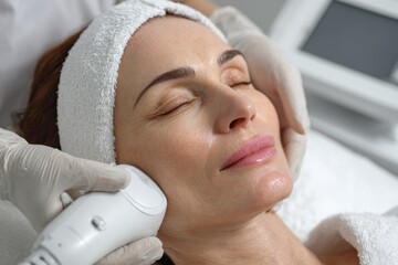 Attractive woman in a beauty salon undergoing facial rejuvenation