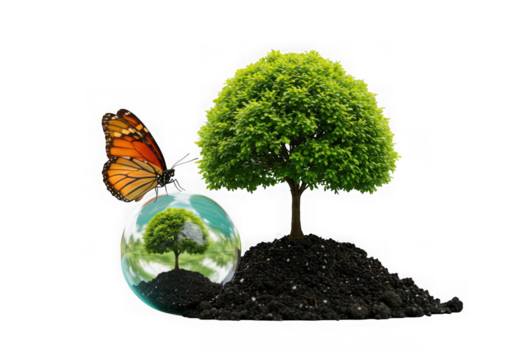 Green tree and butterfly with earth globe isolated on transparent background