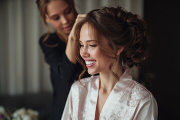 Fototapeta premium Attractive woman styling hair for joyful bride in silk robe