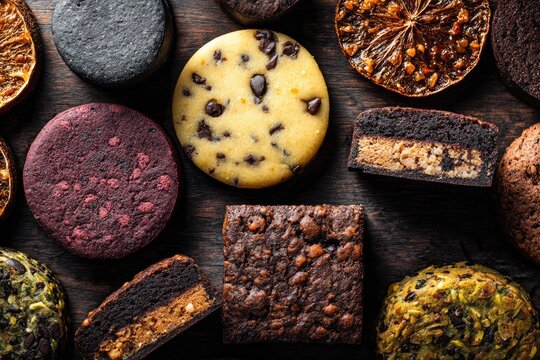 Assorted baked goods assortment on wooden table