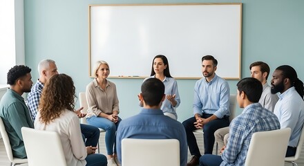 Diverse group dynamic meeting in a circle with a woman leading the discussion