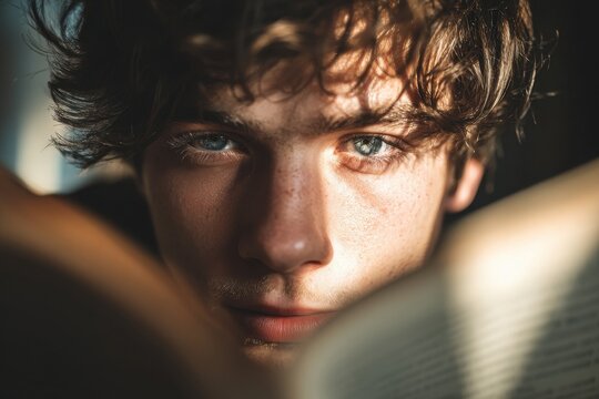 Attractive young Caucasian man with brown hair is browsing a book
