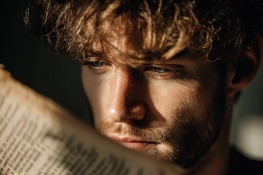 Attractive young Caucasian man with brown hair is browsing a book - Powered by Adobe