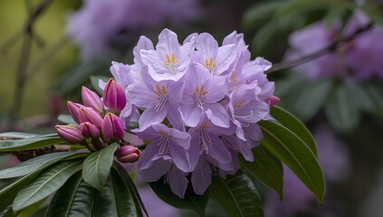Delicate pale purple rhododendron flower blooming with unopened pink buds and lush green leaves in soft natural light