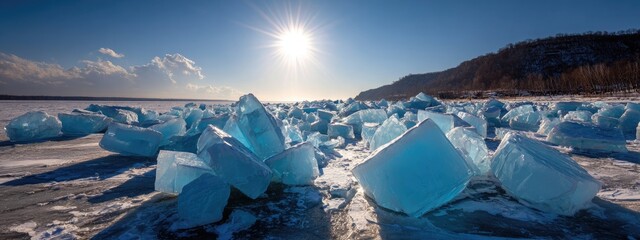 Azure ice chunks on a frozen lake