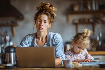 A resilient single mother juggles between work and parenting duties at home. Striving for balance, she multitasks with her laptop, representing the complexity of her priorities