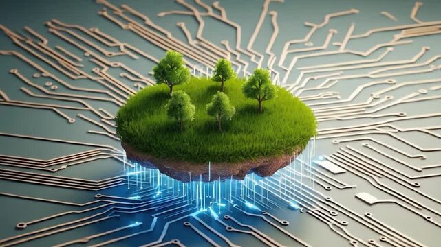 A miniature island of green grass and trees, seemingly floating above a complex circuit board, with glowing lines connecting the island to the board