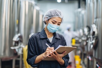 Asian female worker in food quality control at a dairy factory inspecting beverage production
