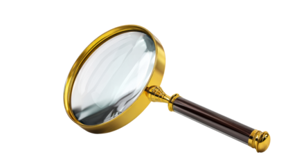Elegant Magnifying Glass with Golden Frame and Dark Handle, cut out transparent