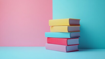 Stack of Colorful Books Against Pink and Blue Background – Education and Learning Concept