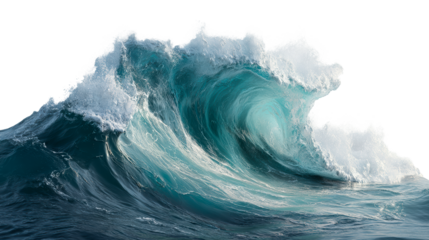 Powerful ocean wave cresting and breaking with foamy spray against a white background, cut out transparent