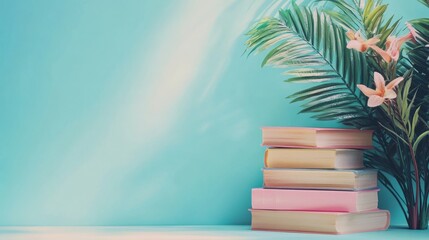 Stack of Books with Tropical Flowers on Blue Background – Summer Reading Concept