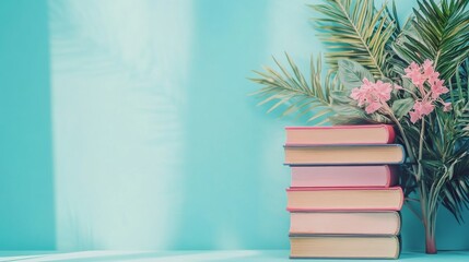 Stack of Books with Tropical Flowers on Blue Background – Summer Reading Concept