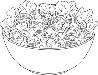 Hand Drawn Salad Bowl with Tofu and Vegetables on Transparent Background