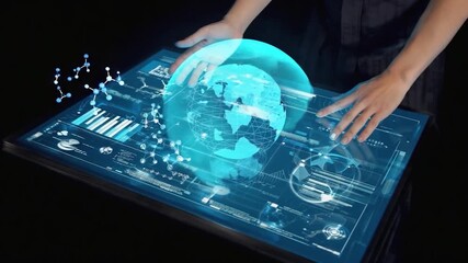 A person interacts with a futuristic, interactive touchscreen display.  Projected holographic elements, including a globe and molecular structures. - Powered by Adobe