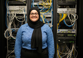 Confident woman in hijab smiles in server room, representing IT, technology, and innovation.