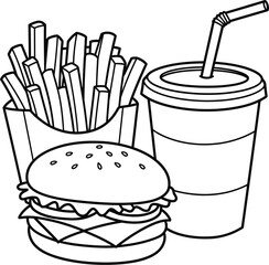 Burger Fries and Soda Line Art Illustration on Transparent Background
