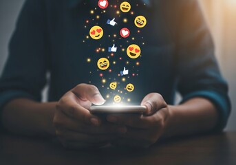 Person using smartphone with social media emojis and notifications floating around showcasing digital engagement and online interaction trends in contemporary lifestyle