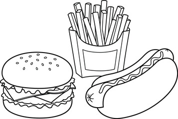 Burger Hot Dog and Fries Illustration in Black and White on transparent background