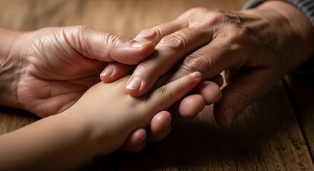 Elderly support and tender connection represented by wrinkled hand and child skin