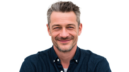 Obraz premium Smiling Middle Aged Man With Graying Hair and Blue Eyes Against White, cut out transparent