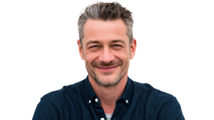Smiling Middle Aged Man With Graying Hair and Blue Eyes Against White, cut out transparent