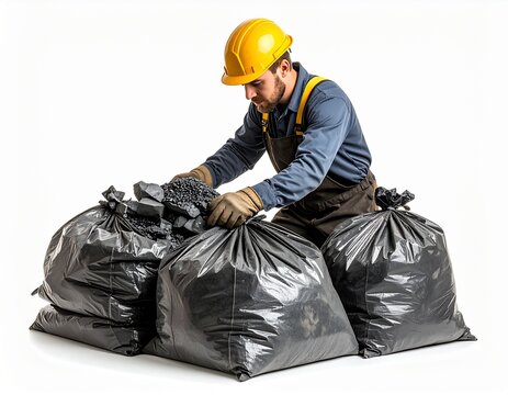 A diligent worker in a yellow hard hat and protective gloves sorts black garbage bags, emphasizing waste management.